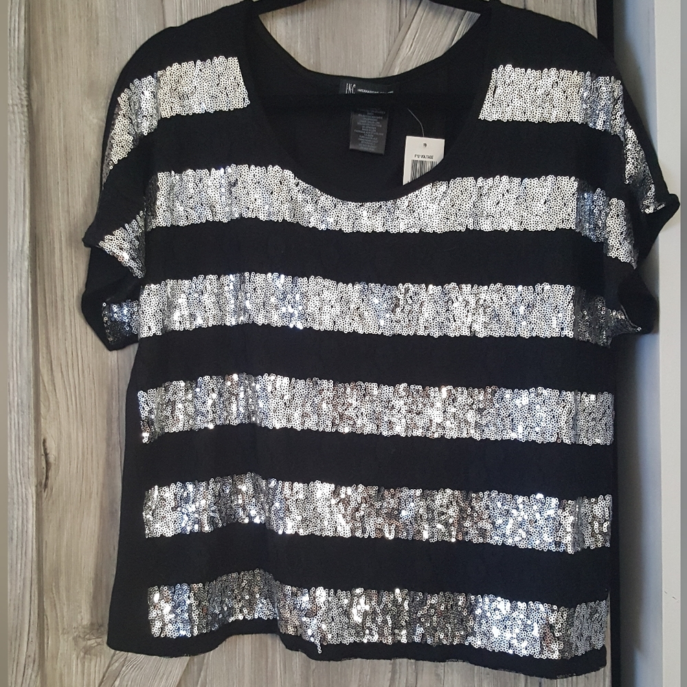 INC Black Silver Sequins Open Back Top M/L